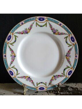 Antique Royal Worcester "Puritan" Dinner Plate Floral Swags Turquoise Rim